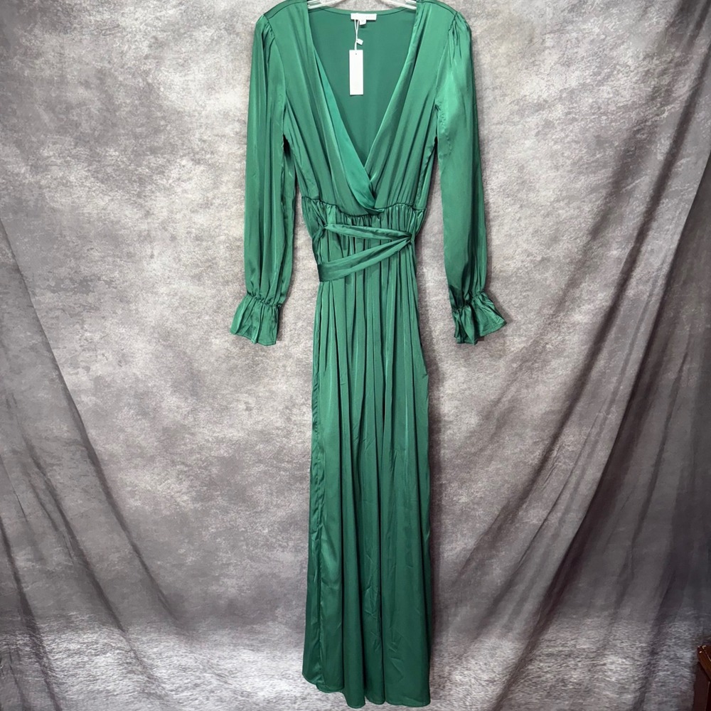 Baltic Born Emerald Green Satin Faux Wrap Maxi Dress Size M Belted Holiday Event